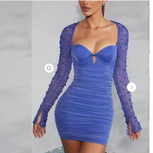 Oh Polly St. Germain  Embellished Long Sleeve Mini Dress in Cobalt Blue